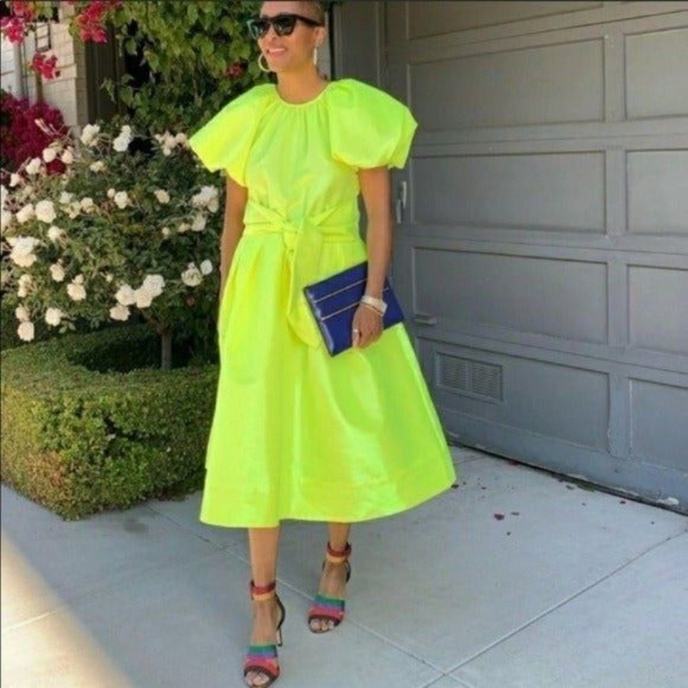Christopher Rogers Woman Yellow Midi Dress XS Volume Iridescent Puff Sleeve New - Picture 10 of 15